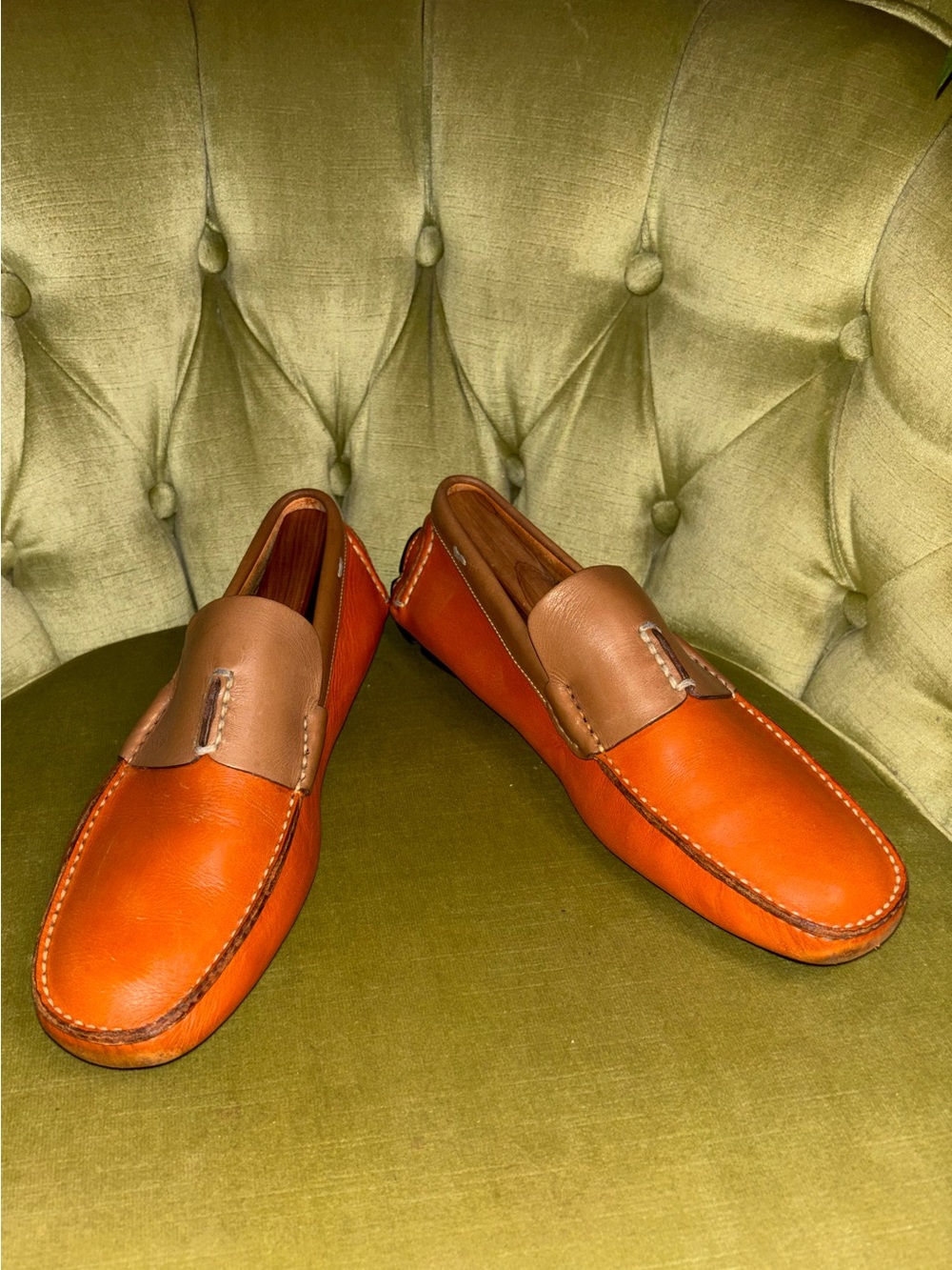 Prada Mens Saffiano Leather Slip On Driving Loafer Orange Tan Men's Size 7 - Picture 2 of 13